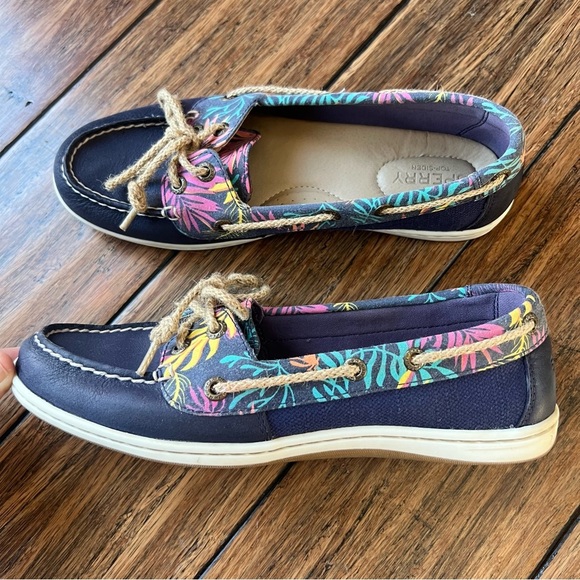 Sperry Top Sider Firefish Seaweed Boat Shoes Leather Tropical 8 Navy Blue Womens - Picture 1 of 9